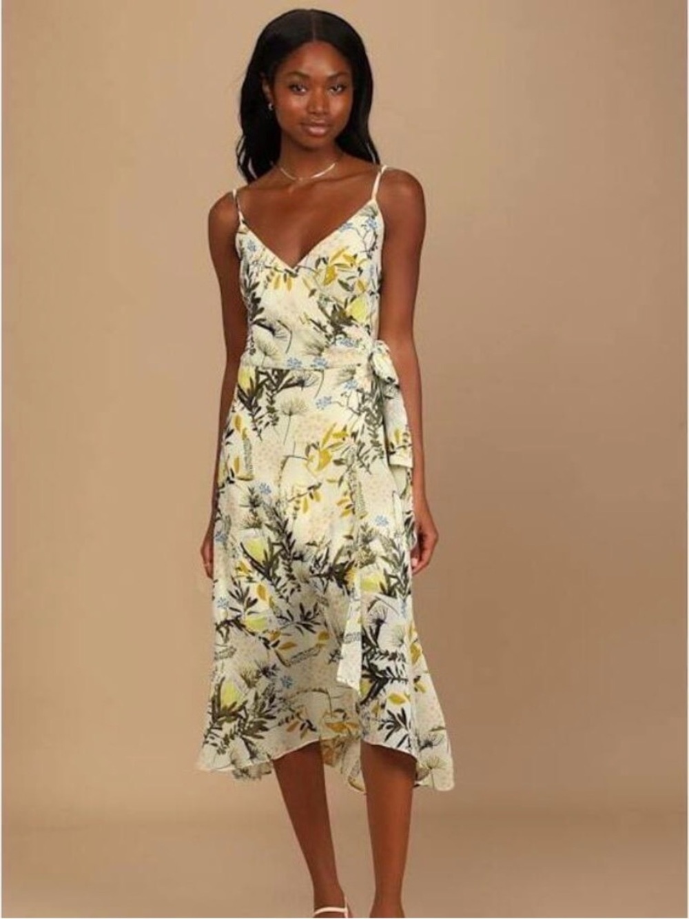 Lulus Wild Flowers Cream Floral Print Wrap Midi Dress Womens Size Medium Summer